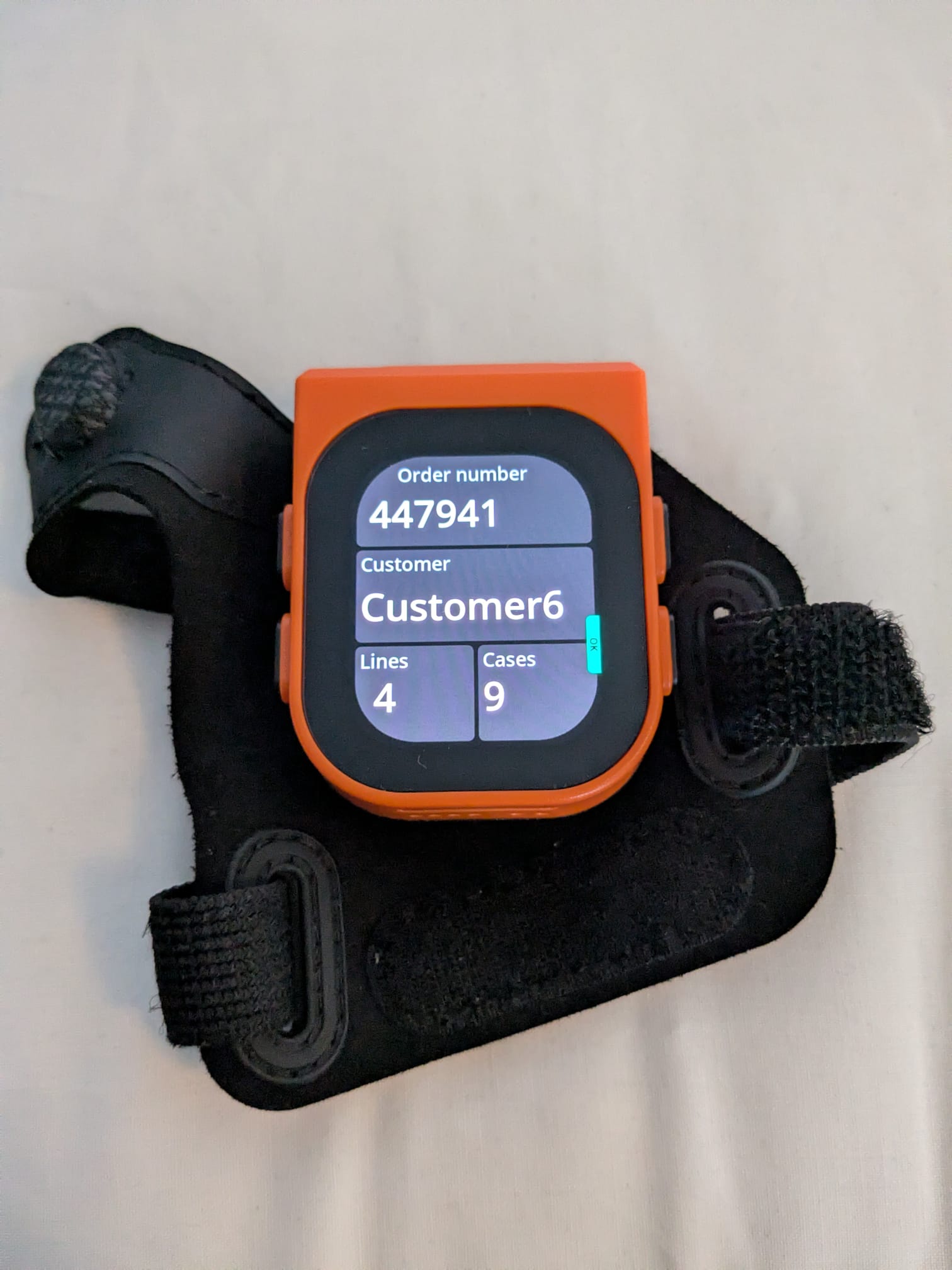 MAI hand-mounted device showing order details