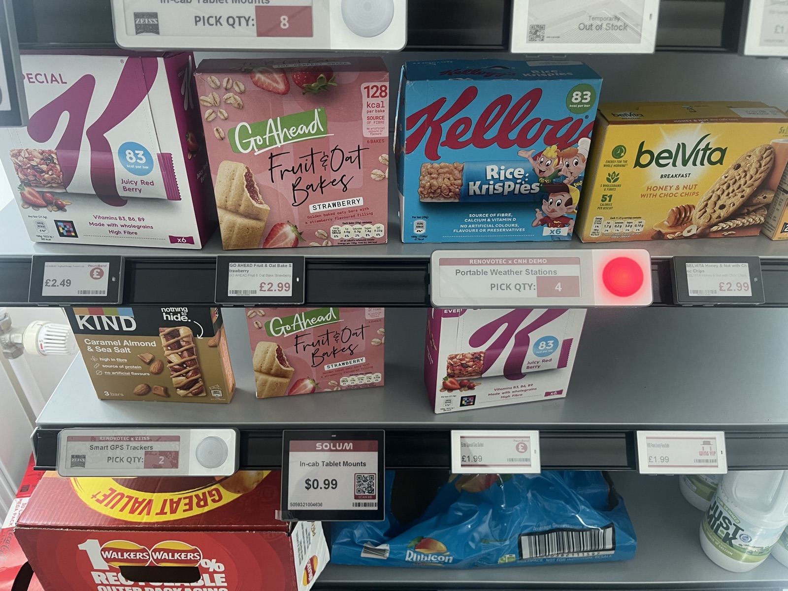PickByLight electronic shelf labels displaying quantities and an active red pick light